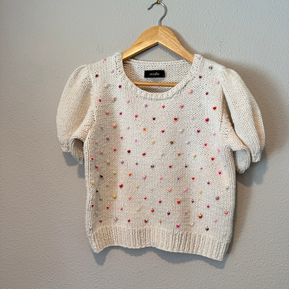 Vero Alfie Cream Beaded Heart Puff Sleeve Knit Sweater Womens Small